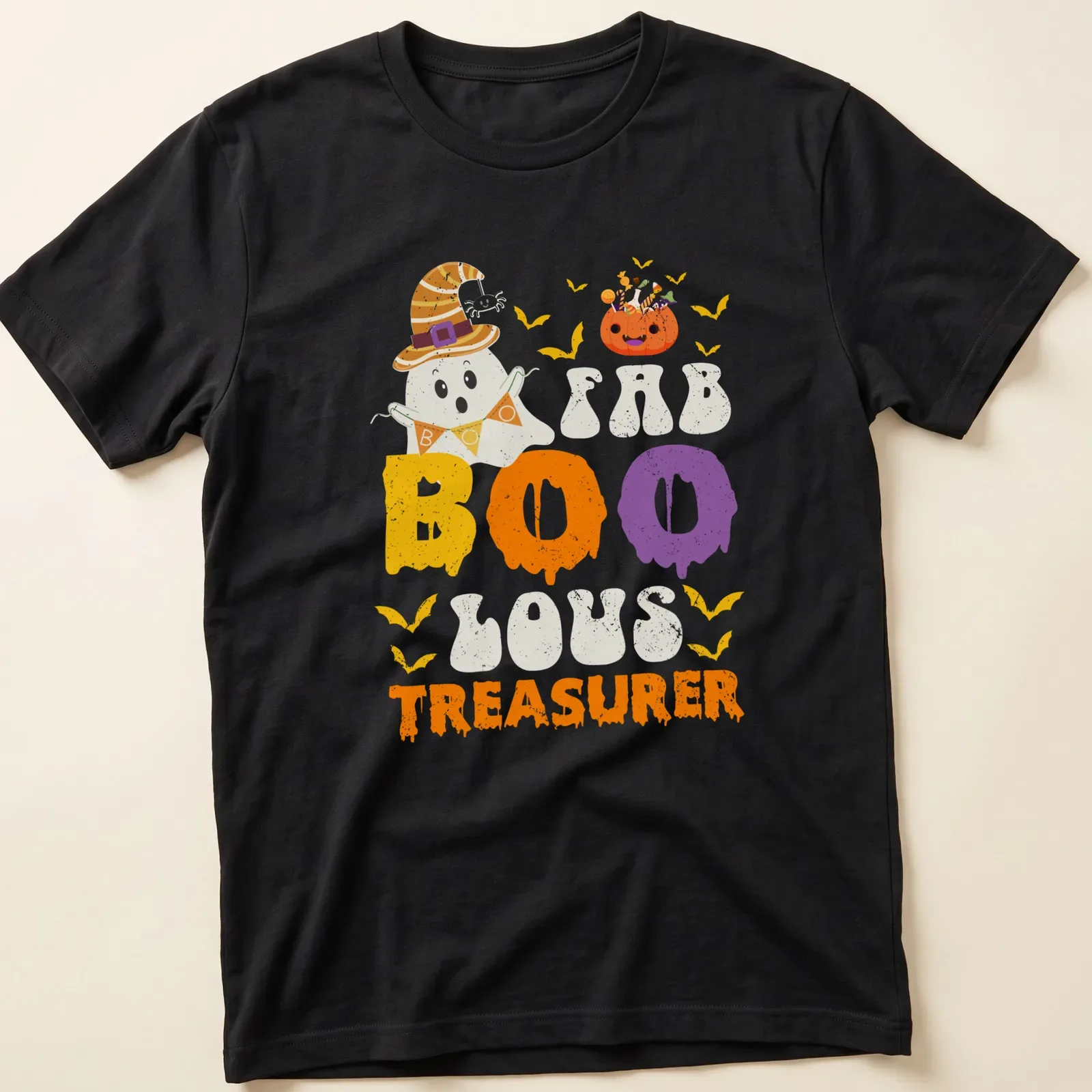 Playful cartoon ghost design with FAB BOO LOUS TREASURER text in bright colors. — printed on a unisex t-shirt