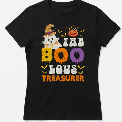 Playful cartoon ghost design with FAB BOO LOUS TREASURER text in bright colors. — printed on a women's shirt