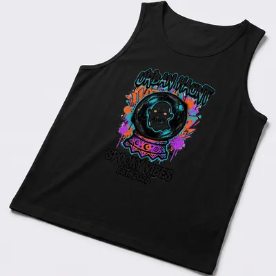 Colorful graffiti print of a ghost in a cracked crystal ball with text — printed on a tank top