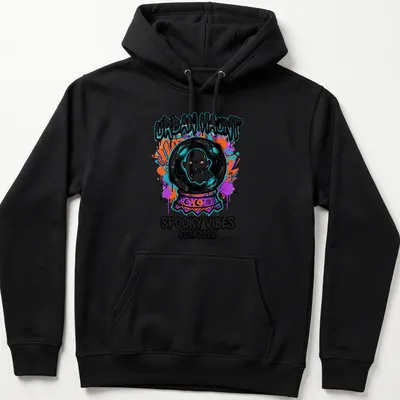 Colorful graffiti print of a ghost in a cracked crystal ball with text — printed on a unisex hoodie