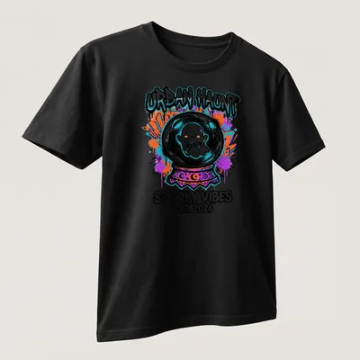 Colorful graffiti print of a ghost in a cracked crystal ball with text — printed on a unisex t-shirt (angled view)