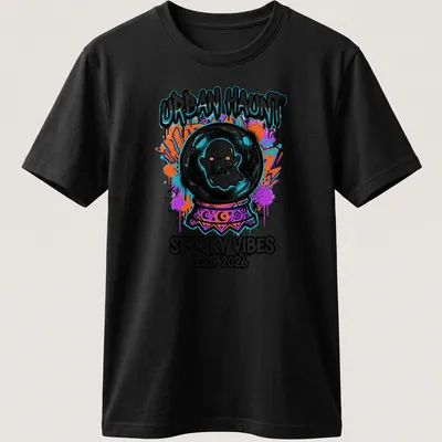 Colorful graffiti print of a ghost in a cracked crystal ball with text