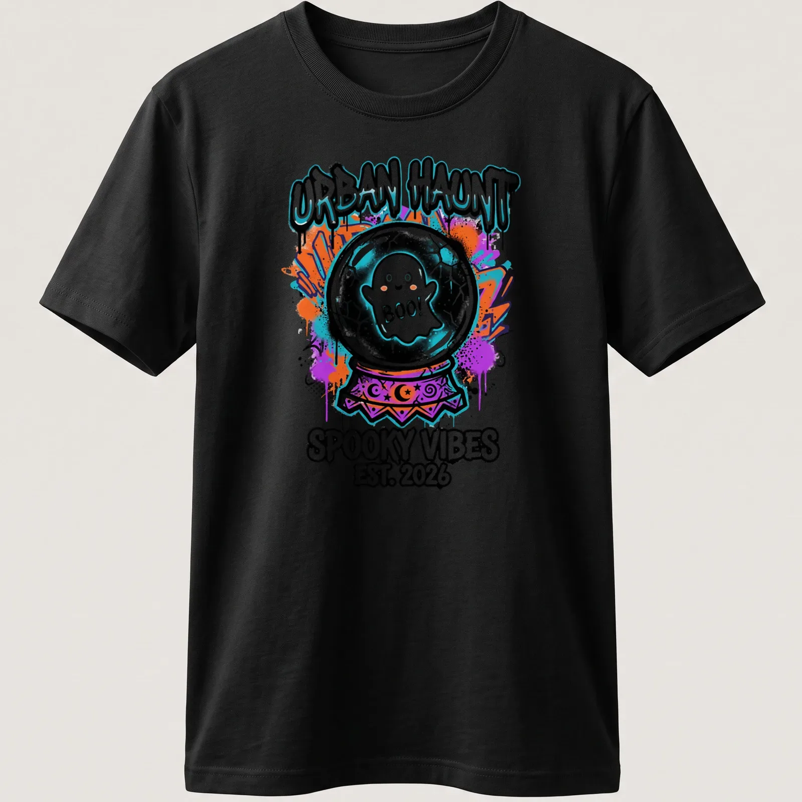 Colorful graffiti print of a ghost in a cracked crystal ball with text — printed on a unisex t-shirt