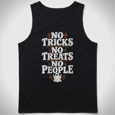 Playful cartoon ghost t-shirt with the text 'No Tricks No Treats No People' in black and orange — printed on a tank top