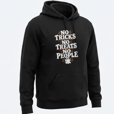 Playful cartoon ghost t-shirt with the text 'No Tricks No Treats No People' in black and orange — printed on a unisex hoodie