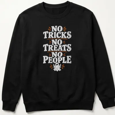 Playful cartoon ghost t-shirt with the text 'No Tricks No Treats No People' in black and orange — printed on a unisex sweatshirt