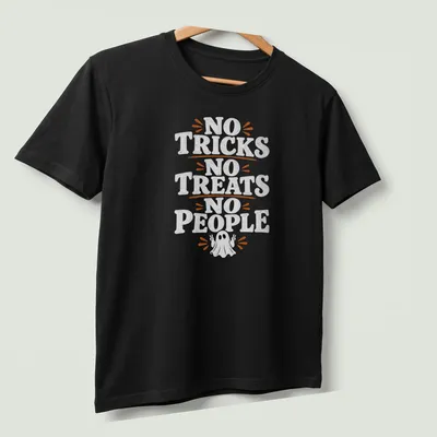 Playful cartoon ghost t-shirt with the text 'No Tricks No Treats No People' in black and orange — printed on a unisex t-shirt (angled view)