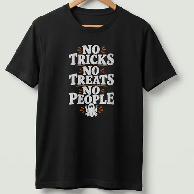 Playful cartoon ghost t-shirt with the text 'No Tricks No Treats No People' in black and orange
