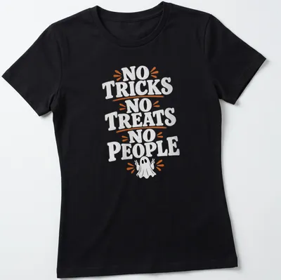 Playful cartoon ghost t-shirt with the text 'No Tricks No Treats No People' in black and orange — printed on a women's shirt