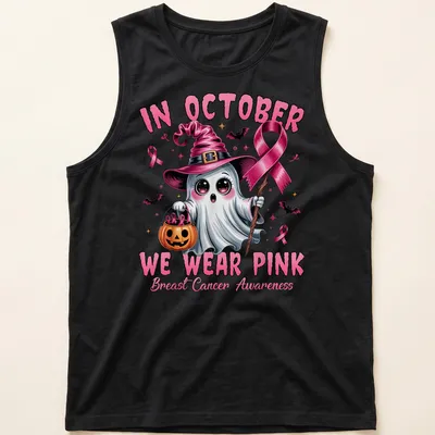 Colorful cartoon ghost witch with the text about breast cancer awareness. — printed on a tank top