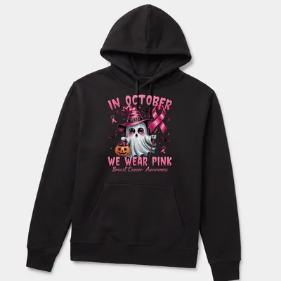 Colorful cartoon ghost witch with the text about breast cancer awareness. — printed on a unisex hoodie