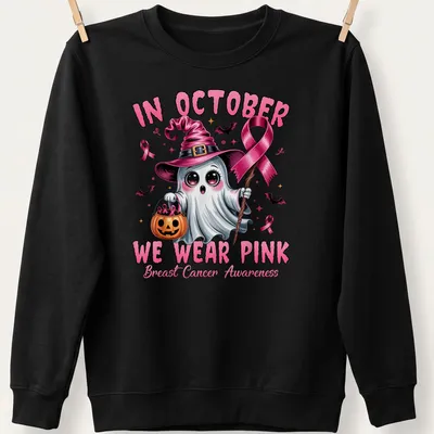 Colorful cartoon ghost witch with the text about breast cancer awareness. — printed on a unisex sweatshirt