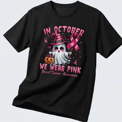 Colorful cartoon ghost witch with the text about breast cancer awareness.