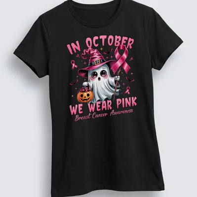 Colorful cartoon ghost witch with the text about breast cancer awareness. — printed on a women's shirt