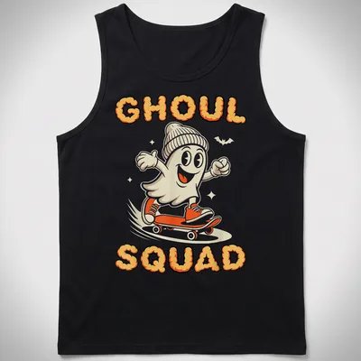 Cartoon skateboarding ghost with the words GHOUL SQUAD in orange and cream — printed on a tank top