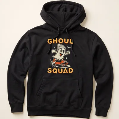 Cartoon skateboarding ghost with the words GHOUL SQUAD in orange and cream — printed on a unisex hoodie