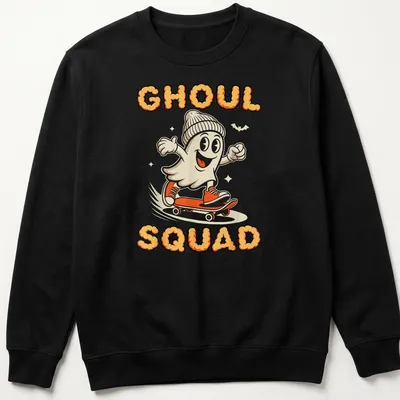 Cartoon skateboarding ghost with the words GHOUL SQUAD in orange and cream — printed on a unisex sweatshirt