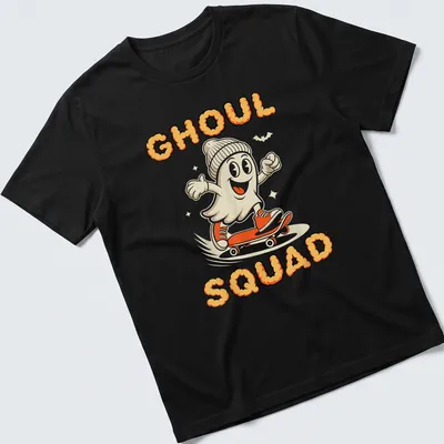 Cartoon skateboarding ghost with the words GHOUL SQUAD in orange and cream