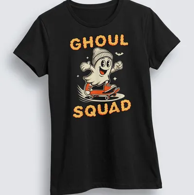 Cartoon skateboarding ghost with the words GHOUL SQUAD in orange and cream — printed on a women's shirt