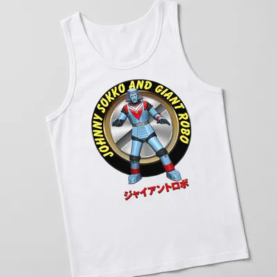Cartoon design featuring Johnny Sokko and Giant Robo in vibrant colors — printed on a tank top