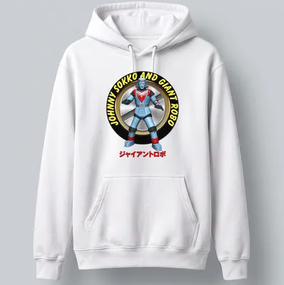 Cartoon design featuring Johnny Sokko and Giant Robo in vibrant colors — printed on a unisex hoodie