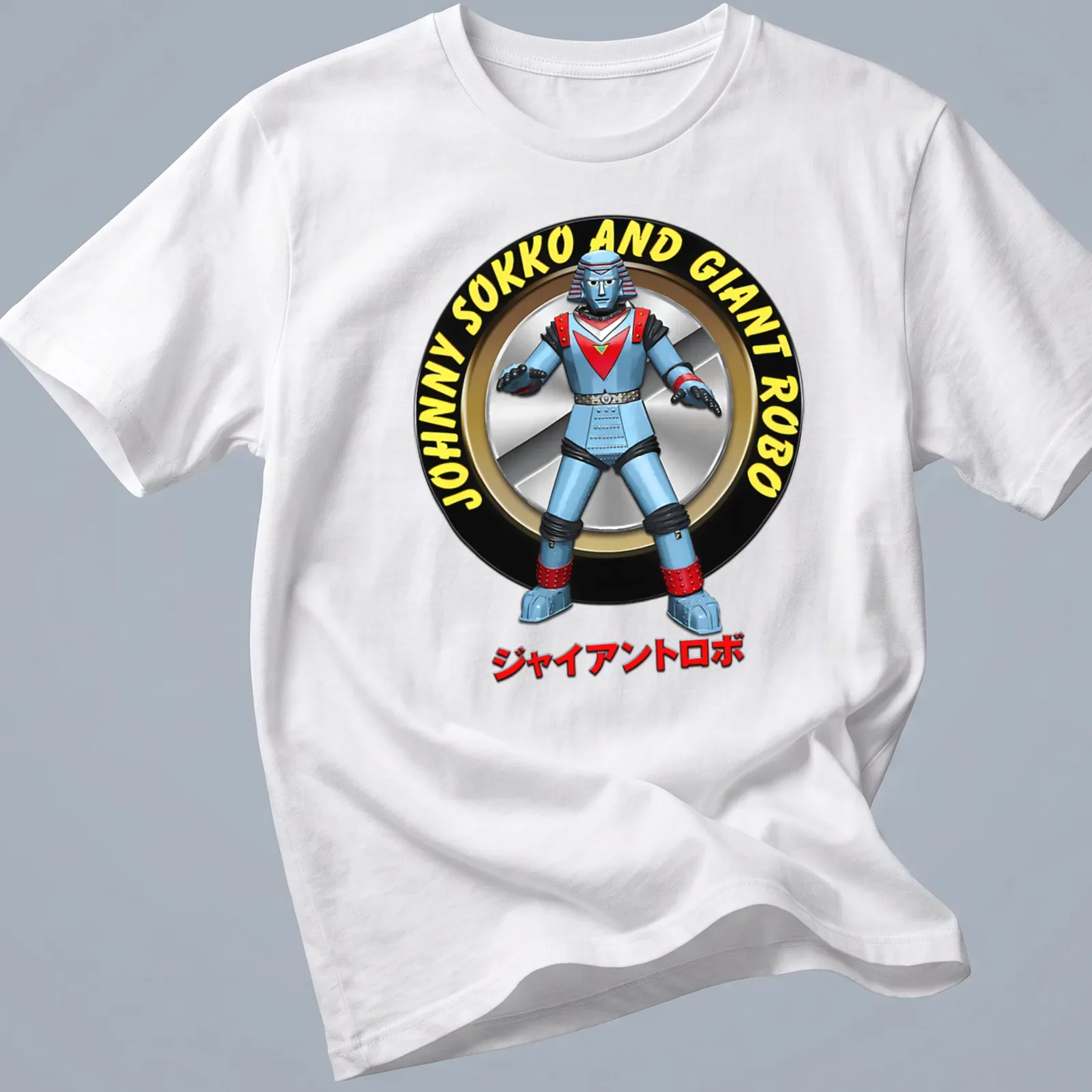 Cartoon design featuring Johnny Sokko and Giant Robo in vibrant colors — printed on a unisex t-shirt