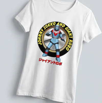 Cartoon design featuring Johnny Sokko and Giant Robo in vibrant colors — printed on a women's shirt