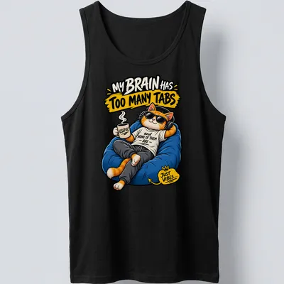 Kawaii cartoon of a ginger cat with coffee and humorous text about multitasking — printed on a tank top