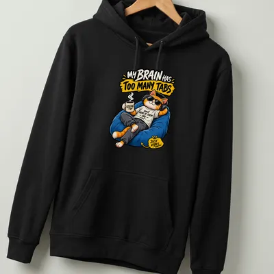 Kawaii cartoon of a ginger cat with coffee and humorous text about multitasking — printed on a unisex hoodie