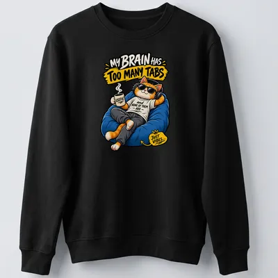 Kawaii cartoon of a ginger cat with coffee and humorous text about multitasking — printed on a unisex sweatshirt