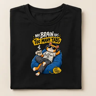Kawaii cartoon of a ginger cat with coffee and humorous text about multitasking — printed on a women's shirt