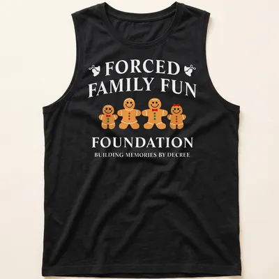 Playful gingerbread cookies illustration with humorous text about family fun — printed on a tank top