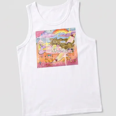 Whimsical watercolor print of a girl flying with a white plane and rainbow — printed on a tank top