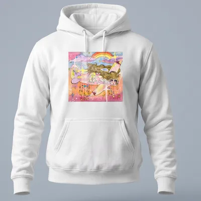 Whimsical watercolor print of a girl flying with a white plane and rainbow — printed on a unisex hoodie