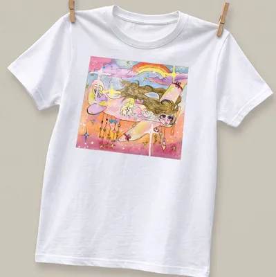 Whimsical watercolor print of a girl flying with a white plane and rainbow
