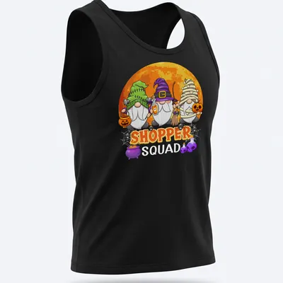 Cartoon gnomes surrounding the word 'SHOPPER' in vibrant Halloween colors — printed on a tank top
