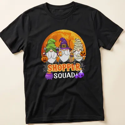 Cartoon gnomes surrounding the word 'SHOPPER' in vibrant Halloween colors