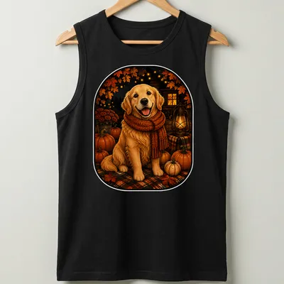 Realistic Golden Retriever among pumpkins in an autumn setting — printed on a tank top