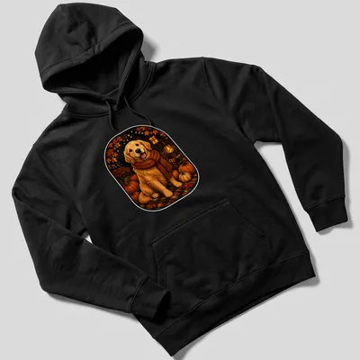 Realistic Golden Retriever among pumpkins in an autumn setting — printed on a unisex hoodie
