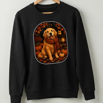 Realistic Golden Retriever among pumpkins in an autumn setting — printed on a unisex sweatshirt