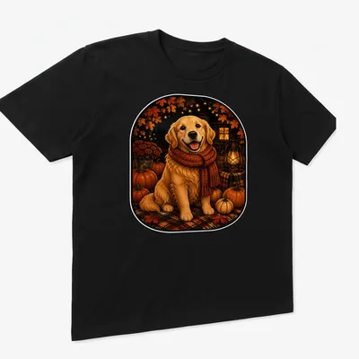 Realistic Golden Retriever among pumpkins in an autumn setting — printed on a unisex t-shirt (angled view)