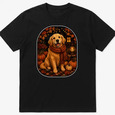 Realistic Golden Retriever among pumpkins in an autumn setting