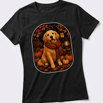 Realistic Golden Retriever among pumpkins in an autumn setting — printed on a women's shirt