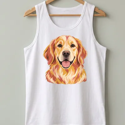 Pop art style Golden Retriever in gold, orange, cream, and brown hues — printed on a tank top