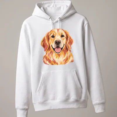 Pop art style Golden Retriever in gold, orange, cream, and brown hues — printed on a unisex hoodie