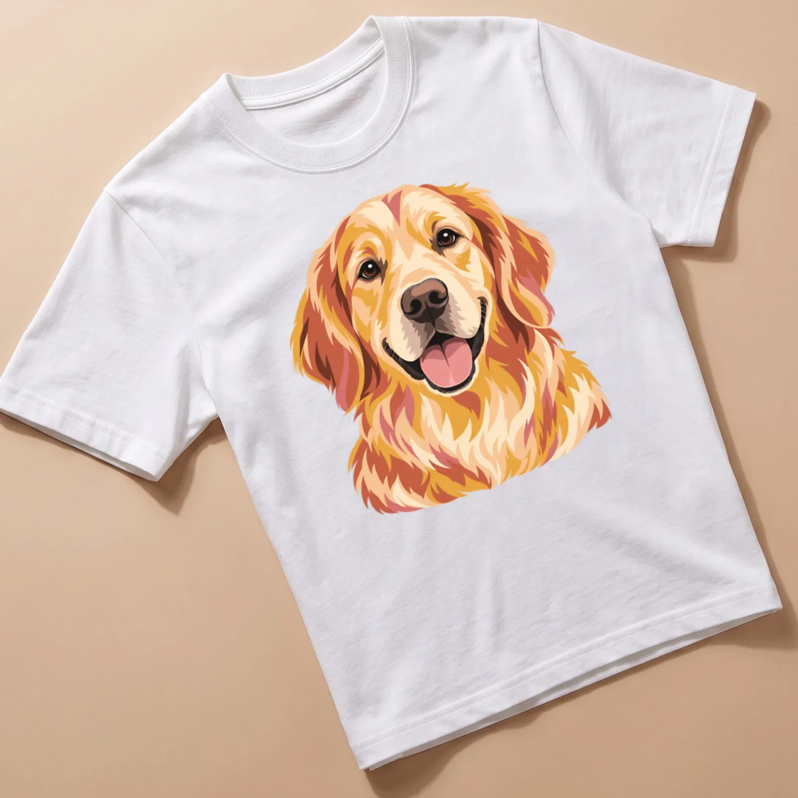 Pop art style Golden Retriever in gold, orange, cream, and brown hues — printed on a unisex t-shirt