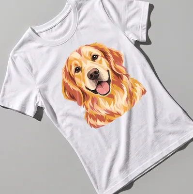 Pop art style Golden Retriever in gold, orange, cream, and brown hues — printed on a women's shirt