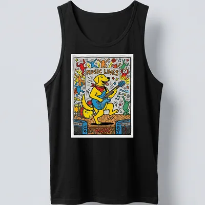 Pop art Golden Retriever playing guitar with 'MUSIC LIVES' text — printed on a tank top