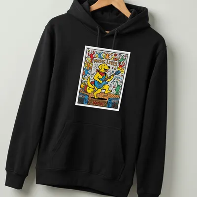 Pop art Golden Retriever playing guitar with 'MUSIC LIVES' text — printed on a unisex hoodie