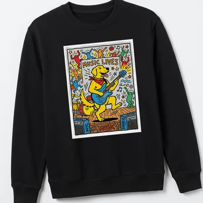 Pop art Golden Retriever playing guitar with 'MUSIC LIVES' text — printed on a unisex sweatshirt